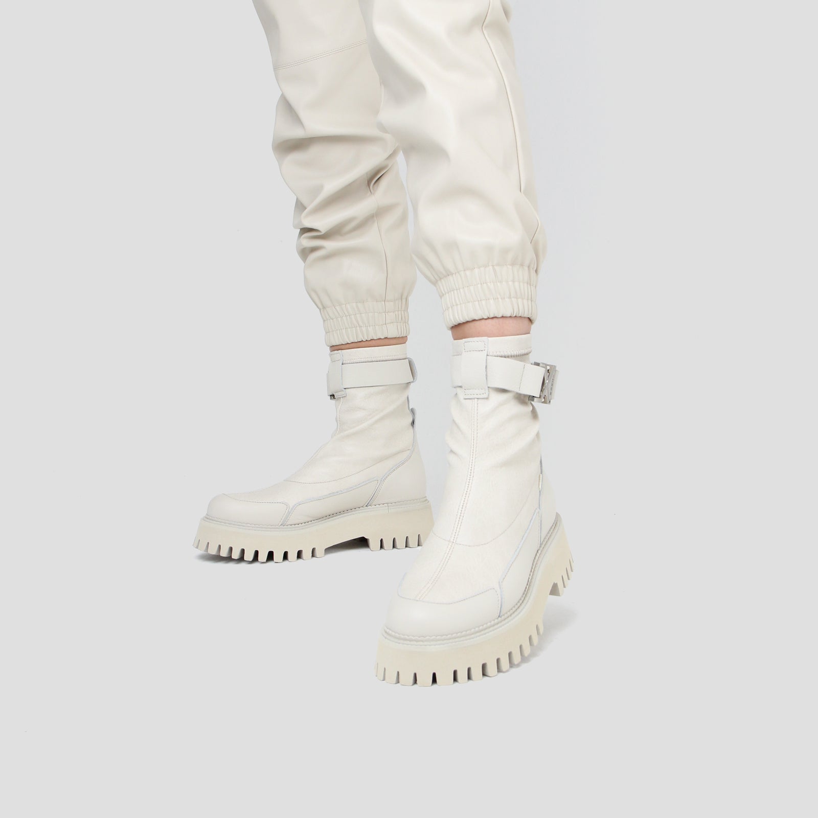 Groovy Stretch Buckle White Ankle Boots 47399-G-1257 -9