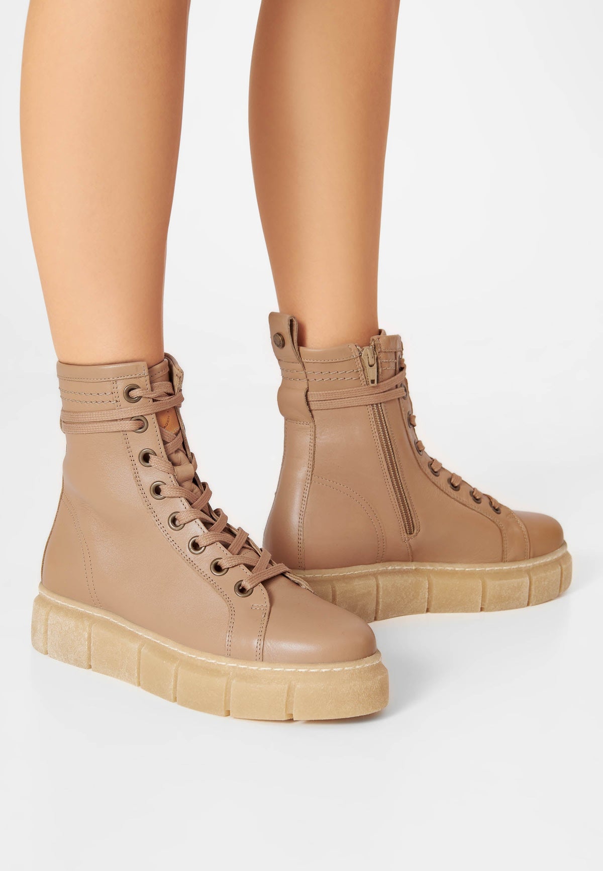CASHOTT CASFLORA Lace Boot Leather Lace Up Beige