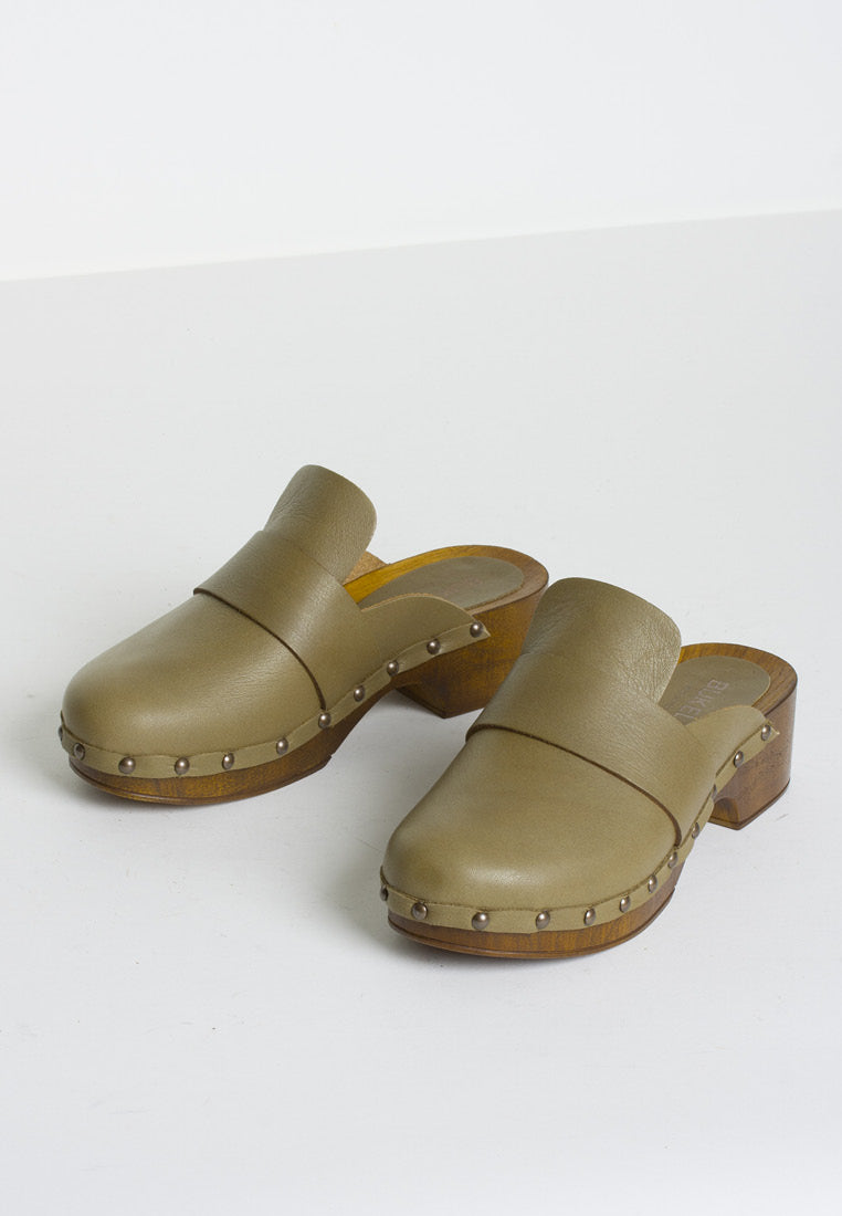 Ester Olive Studded Leather Clogs Sandals