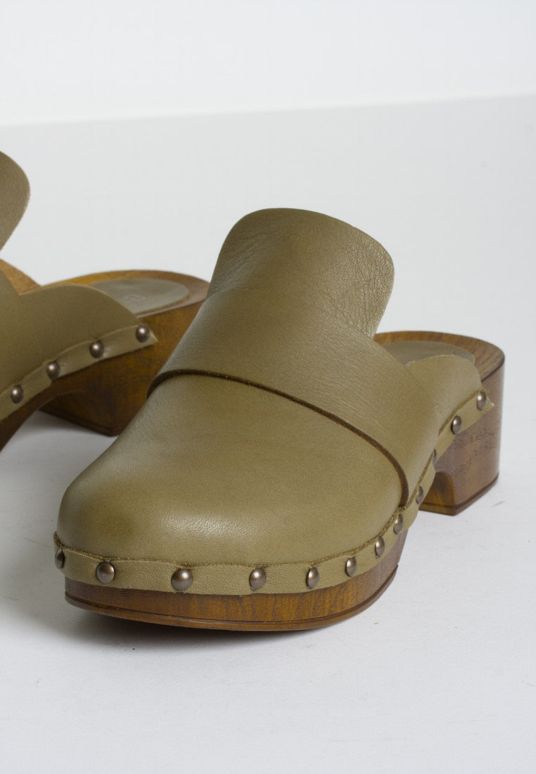 Ester Olive Studded Leather Clogs Sandals