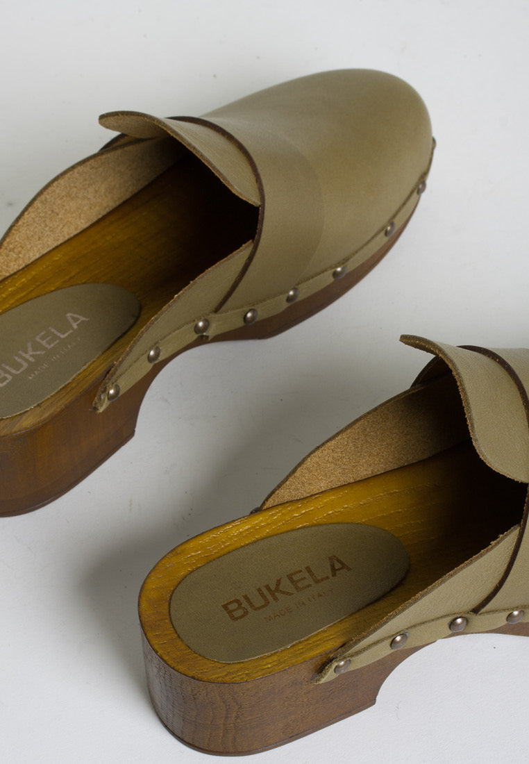 Ester Olive Studded Leather Clogs Sandals