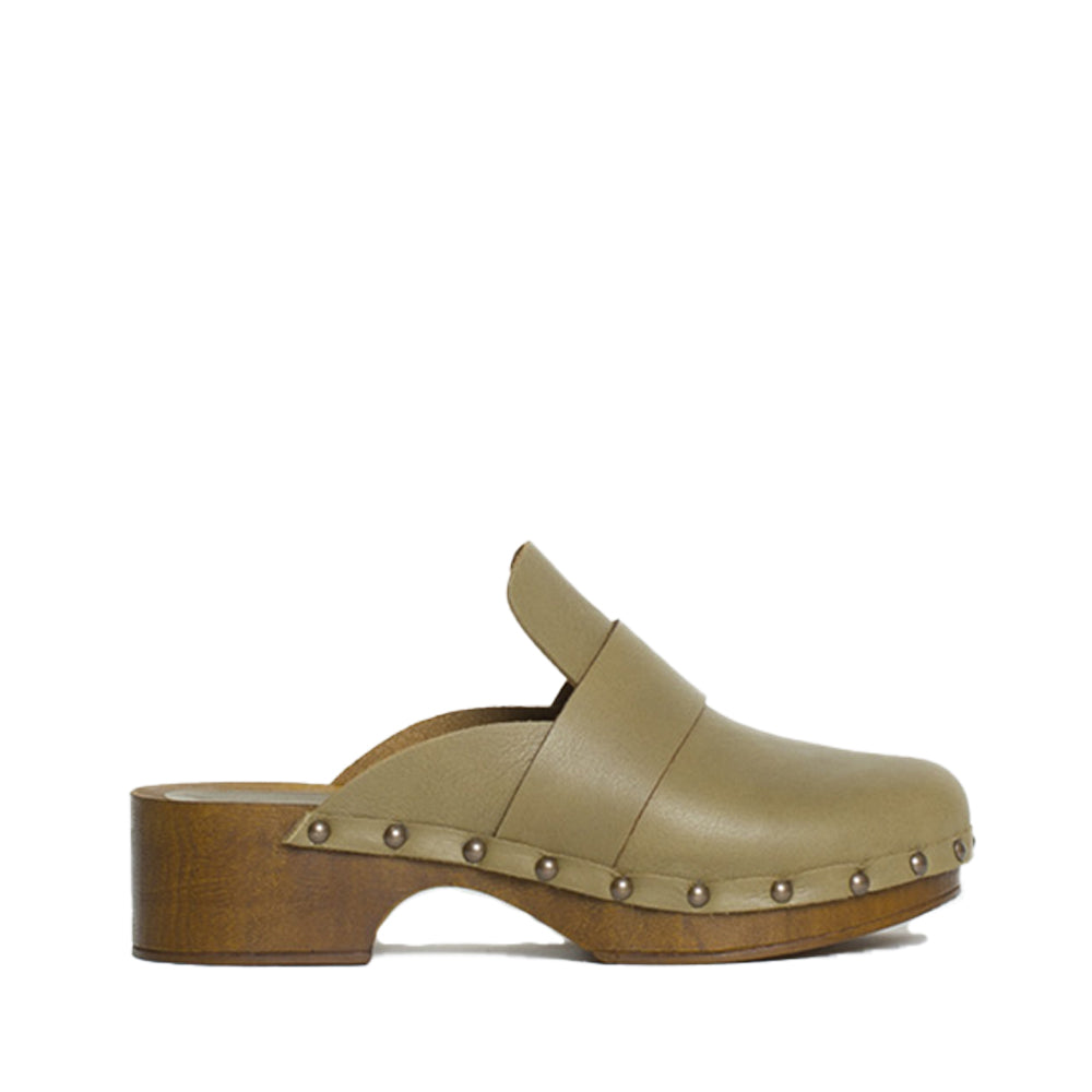 Ester Olive Studded Leather Clogs Sandals