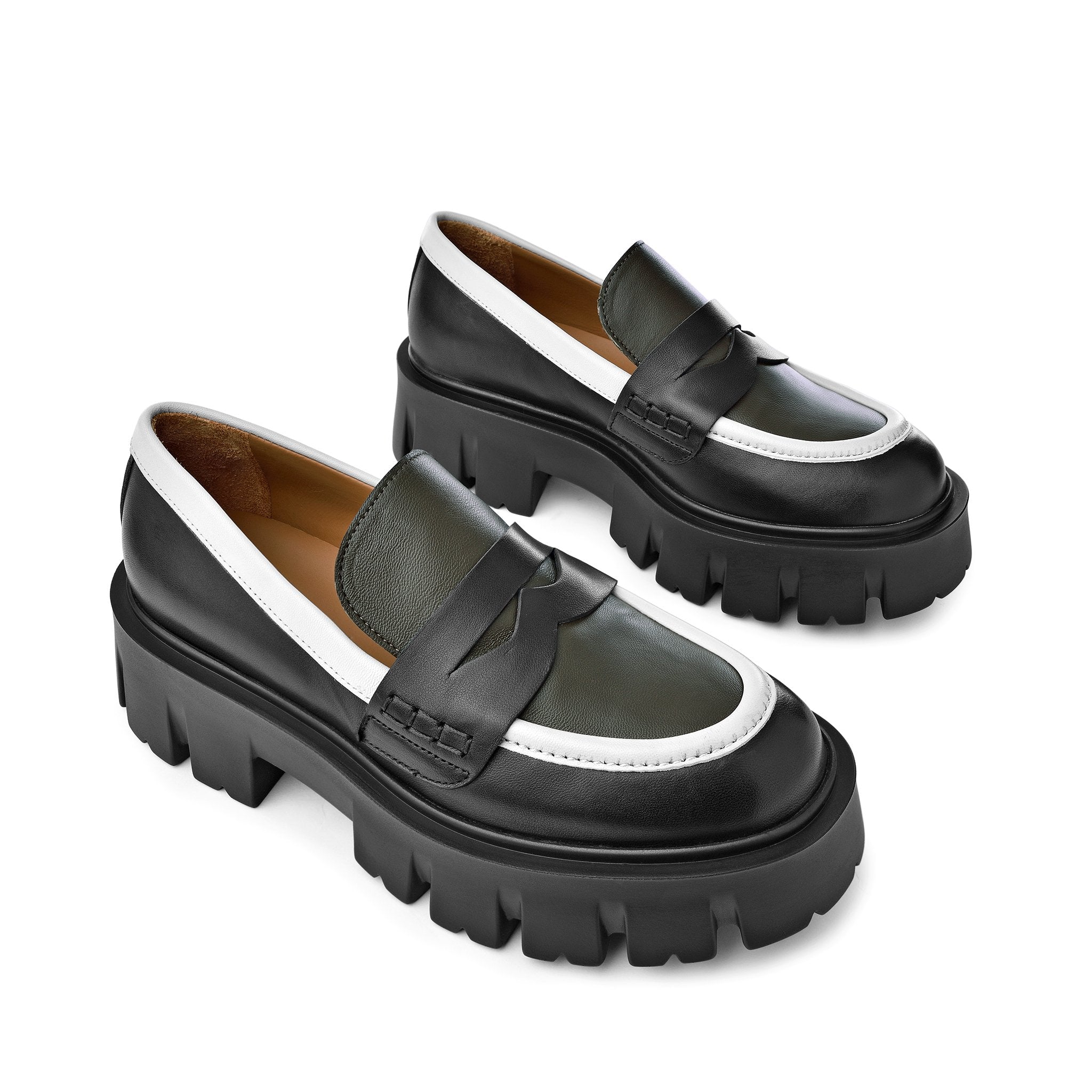 Mikki Black Khaki Leather Chunky Loafers D1304Khaki - 10