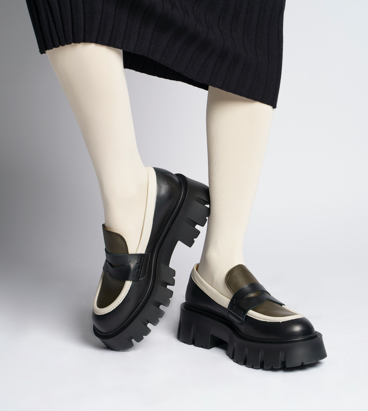 Mikki Black Khaki Leather Chunky Loafers D1304Khaki - 2