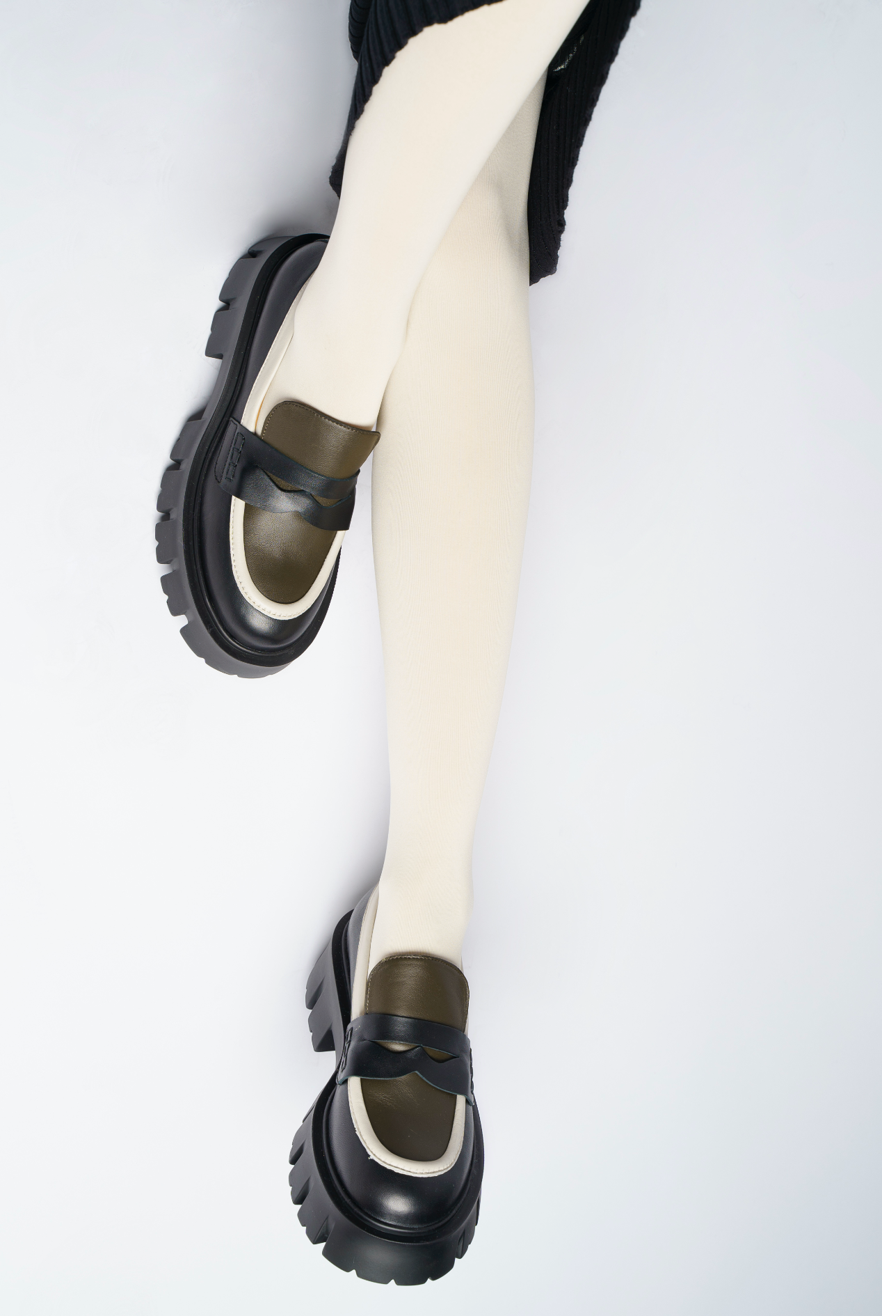 Mikki Black Khaki Leather Chunky Loafers D1304Khaki - 4