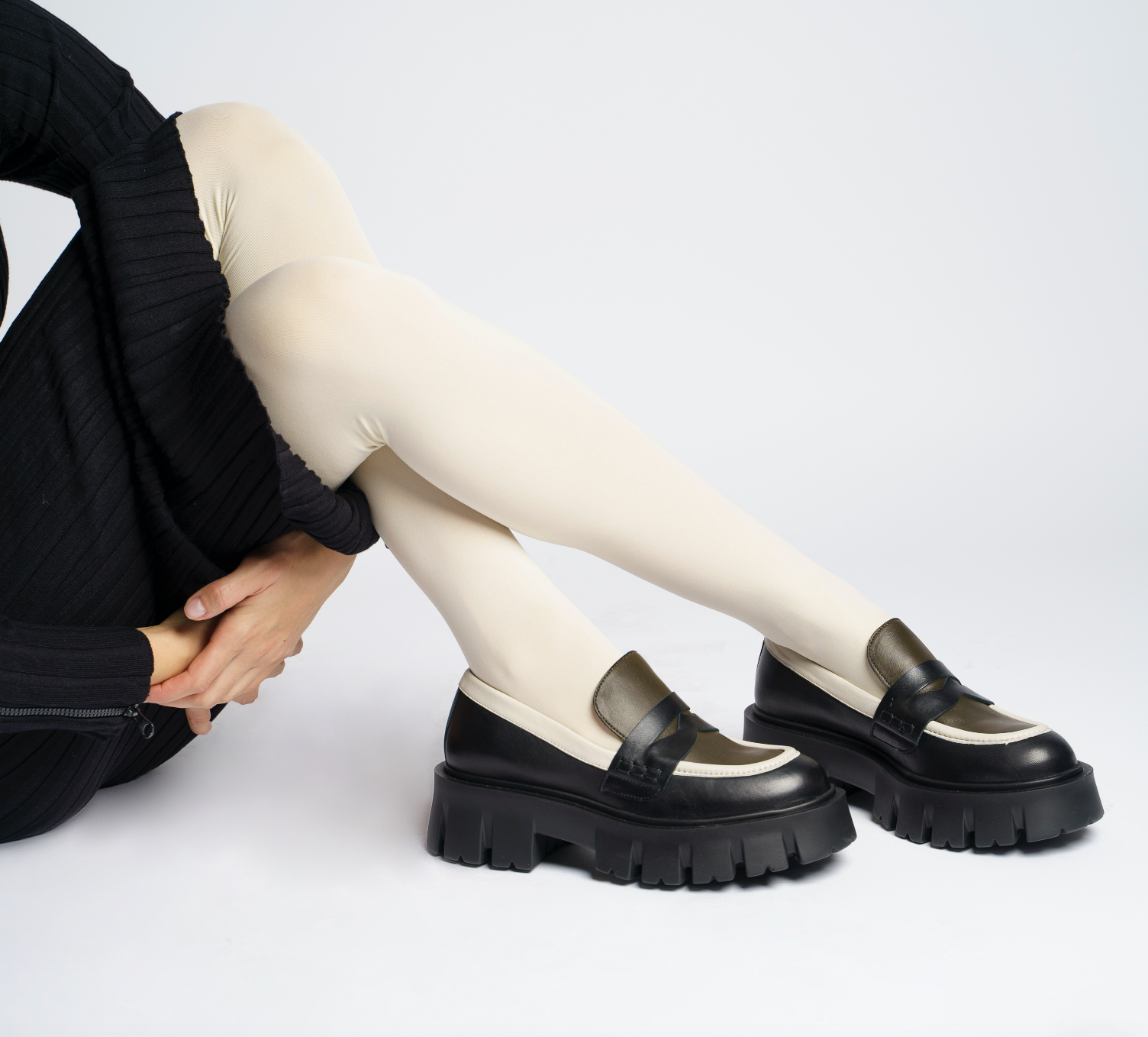 Mikki Black Khaki Leather Chunky Loafers D1304Khaki - 6