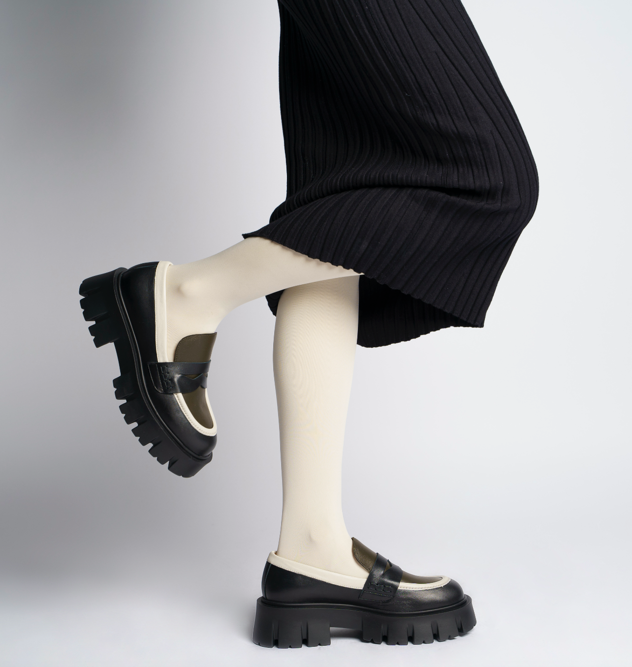 Mikki Black Khaki Leather Chunky Loafers D1304Khaki - 3