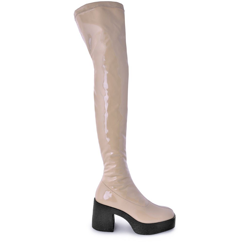 Yoshi Beige Thigh-High Stretch Patent Boots 20077-03-03 - 1