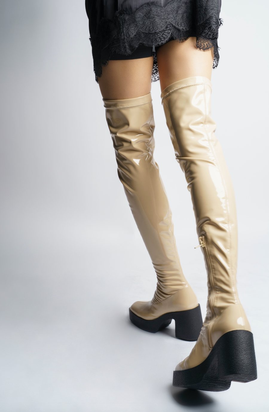 Yoshi Beige Thigh-High Stretch Patent Boots 20077-03-03 - 4