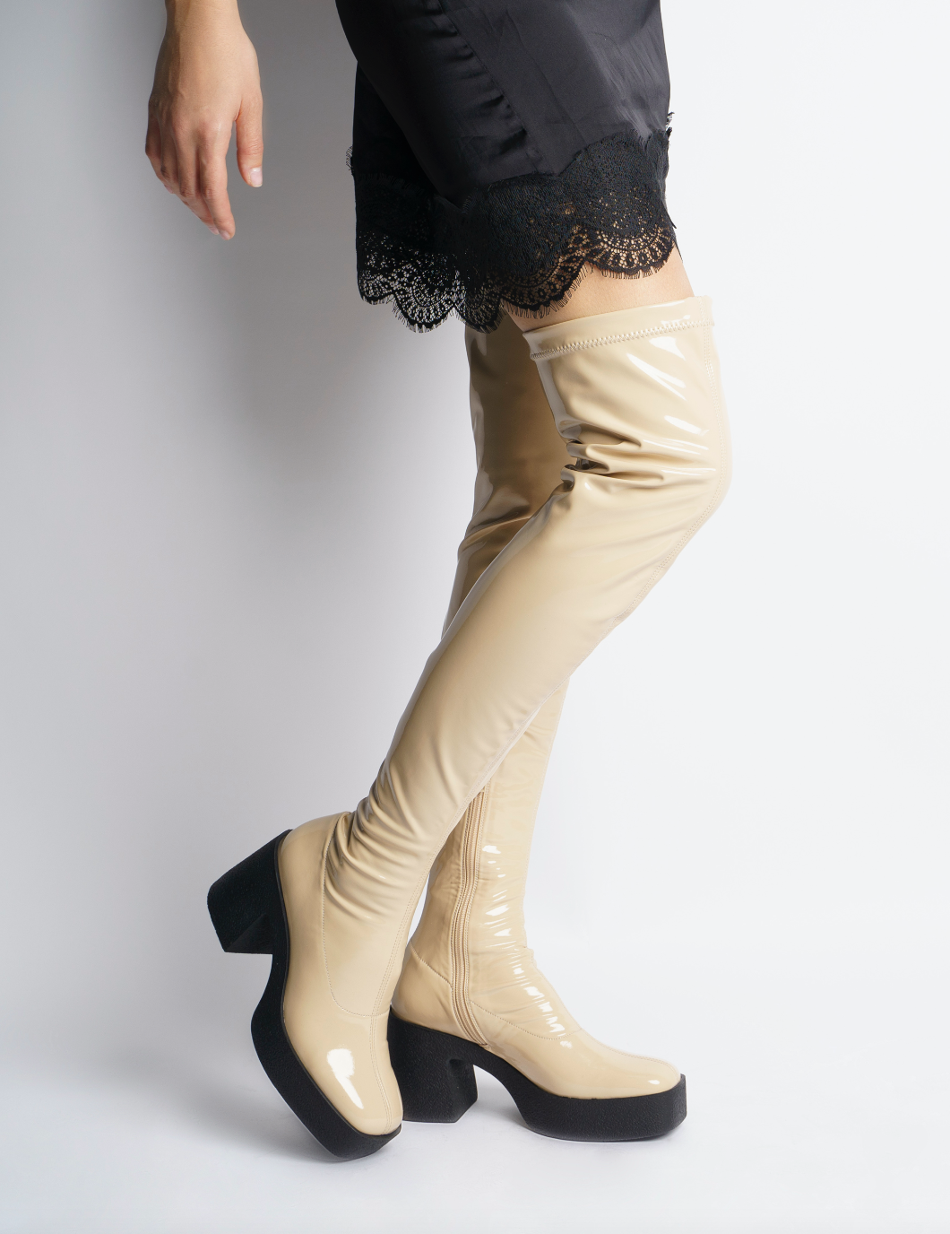 Yoshi Beige Thigh-High Stretch Patent Boots 20077-03-03 - 5