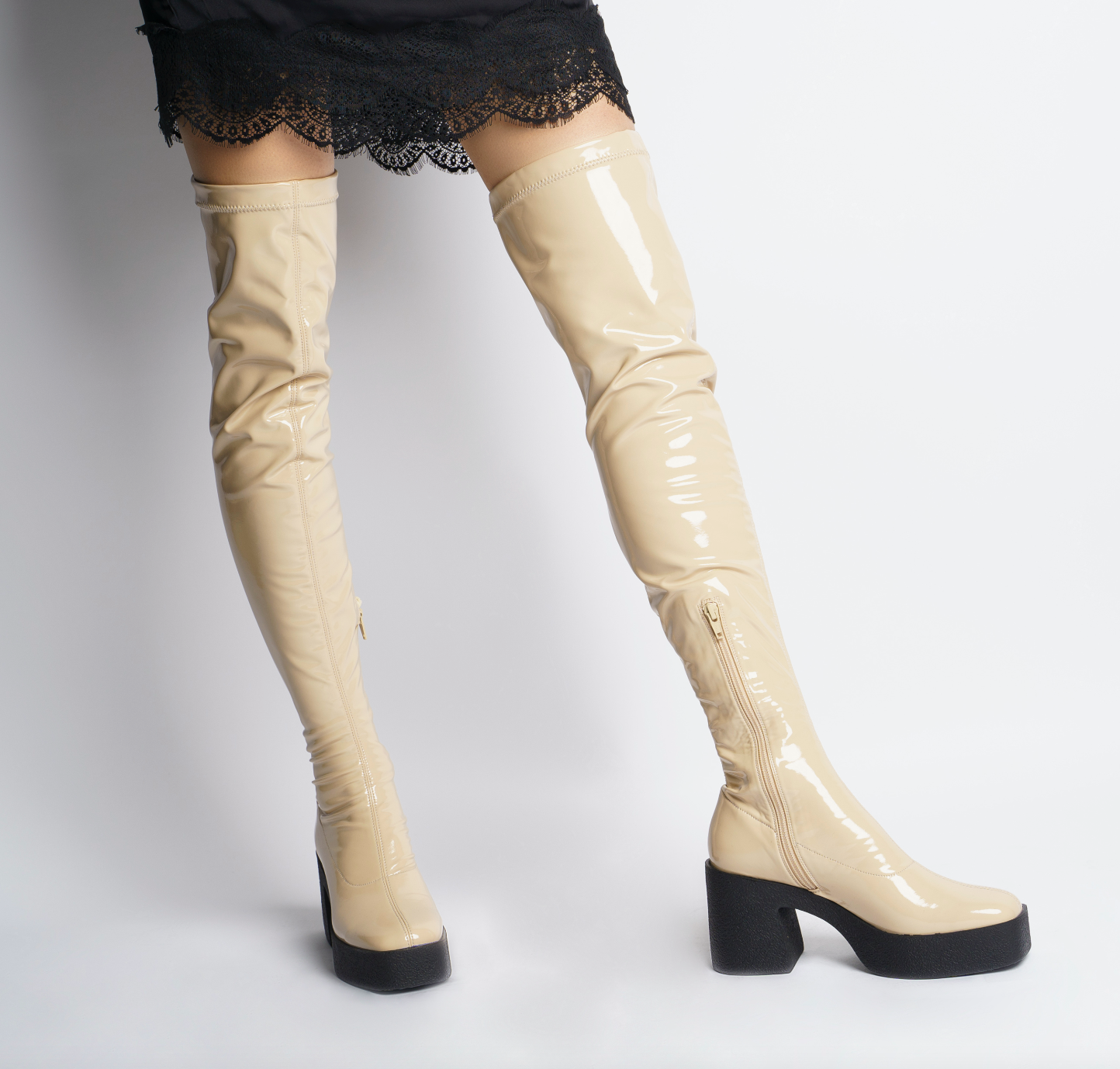 Yoshi Beige Thigh-High Stretch Patent Boots 20077-03-03 - 6