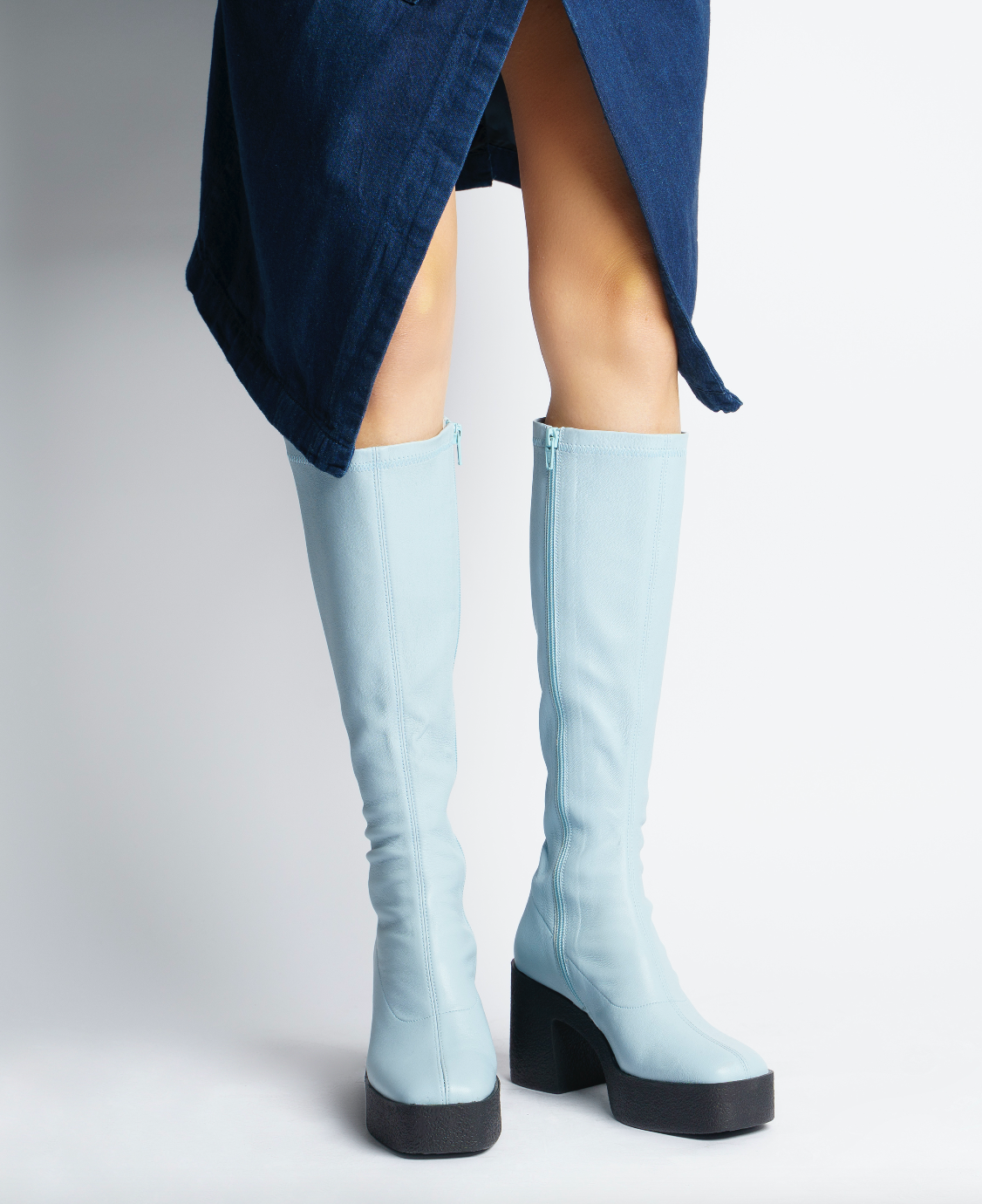 Izumi Pastel Blue Stretch Leather Chunky Boots 20077-01-10 - 8