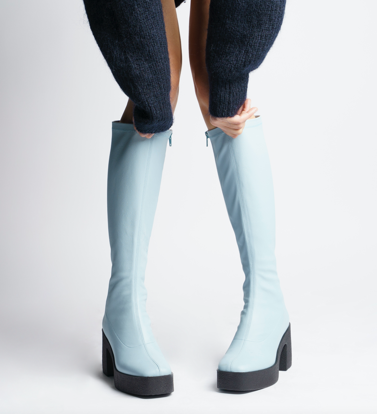 Izumi Pastel Blue Stretch Leather Chunky Boots 20077-01-10 - 4