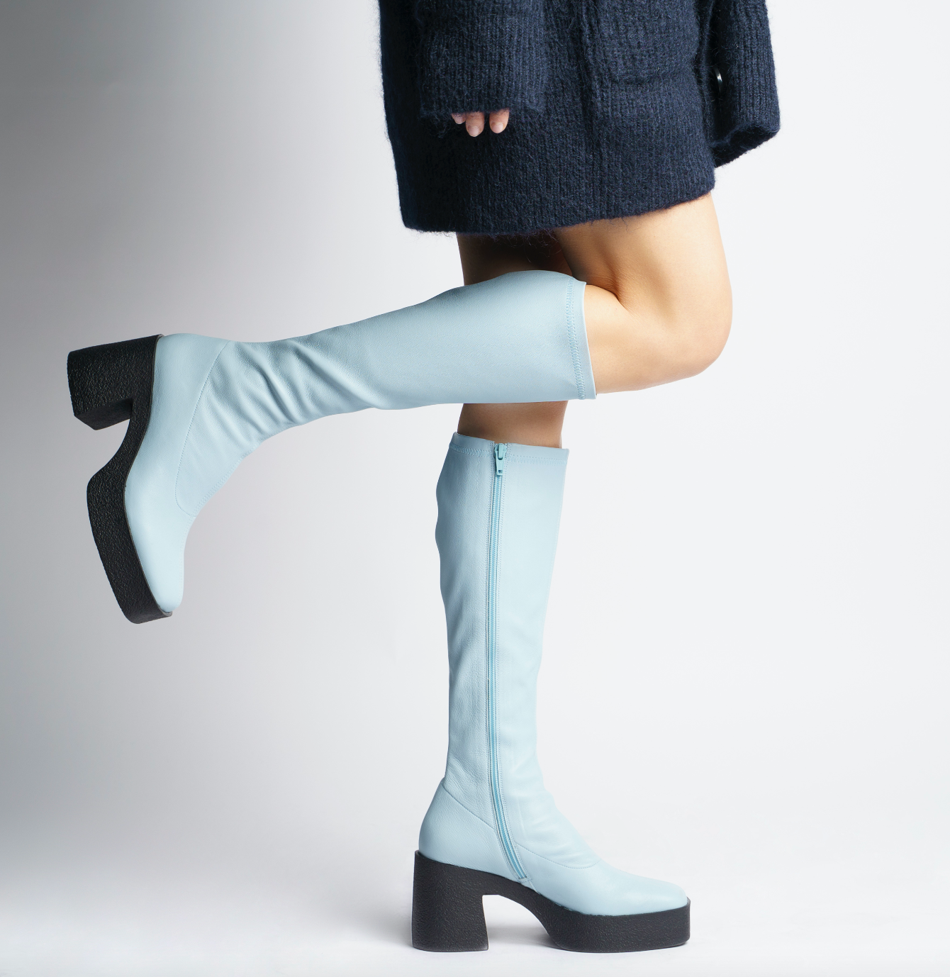 Izumi Pastel Blue Stretch Leather Chunky Boots 20077-01-10 - 3