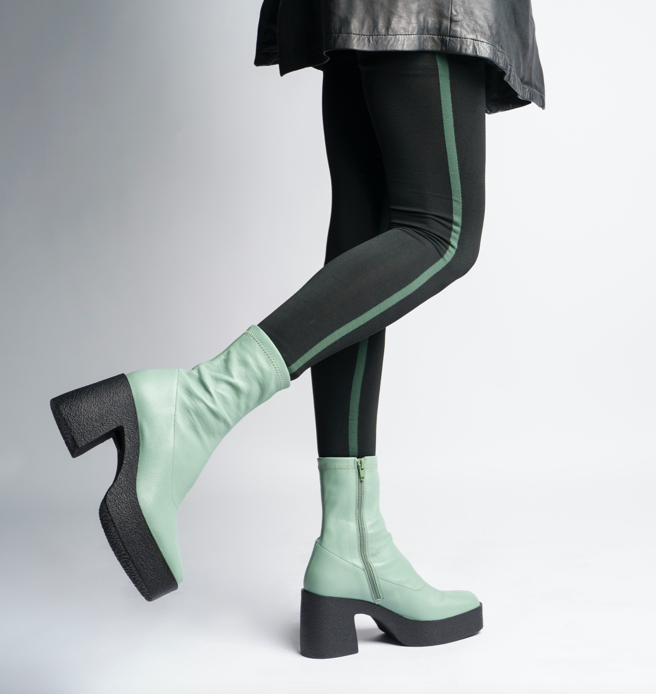 Umi Sage Green Stretch Leather Chunky Ankle Boots 20077-02-10 - 11