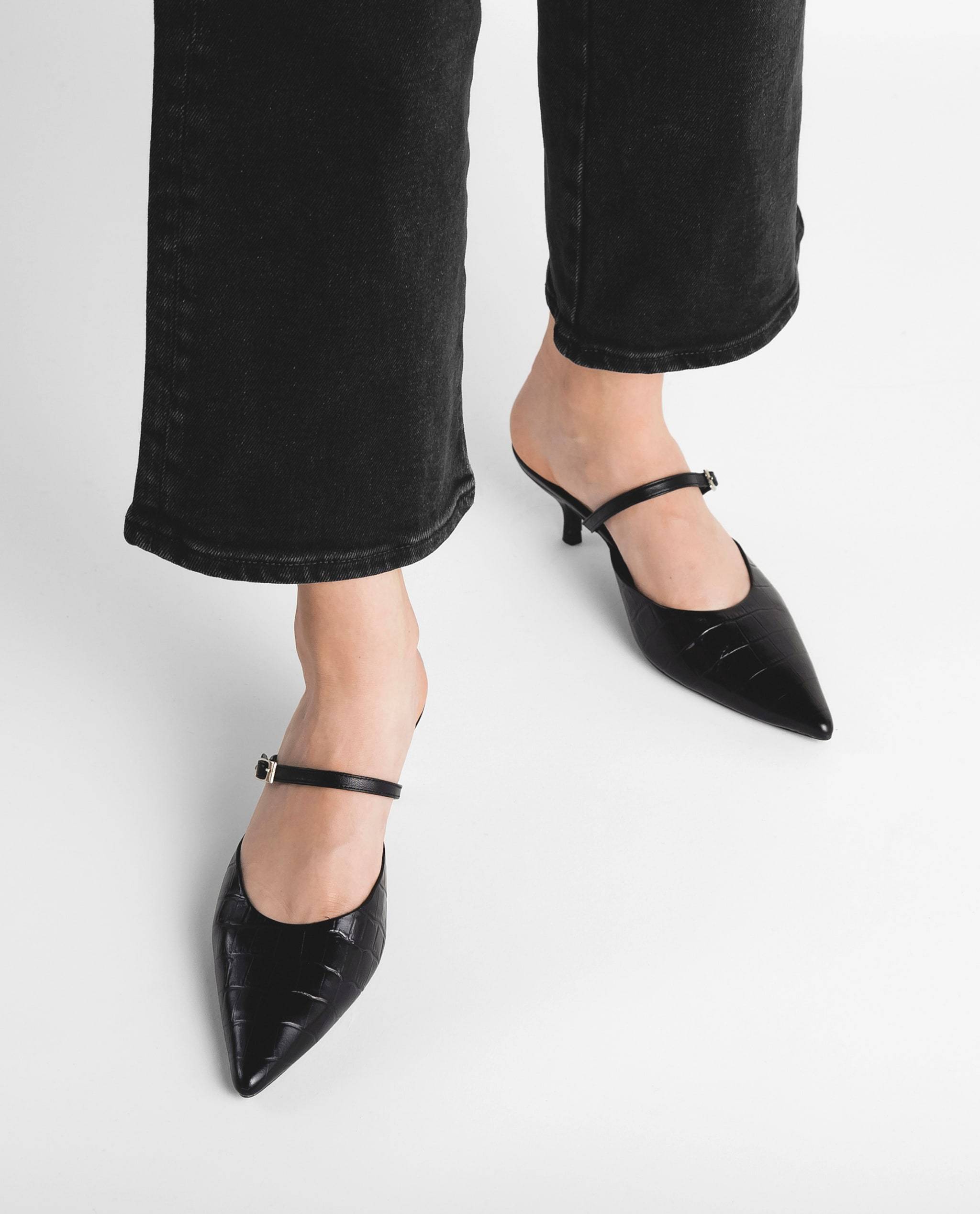 Hilda Croco Leather Black Mule Shoes Heels - 3