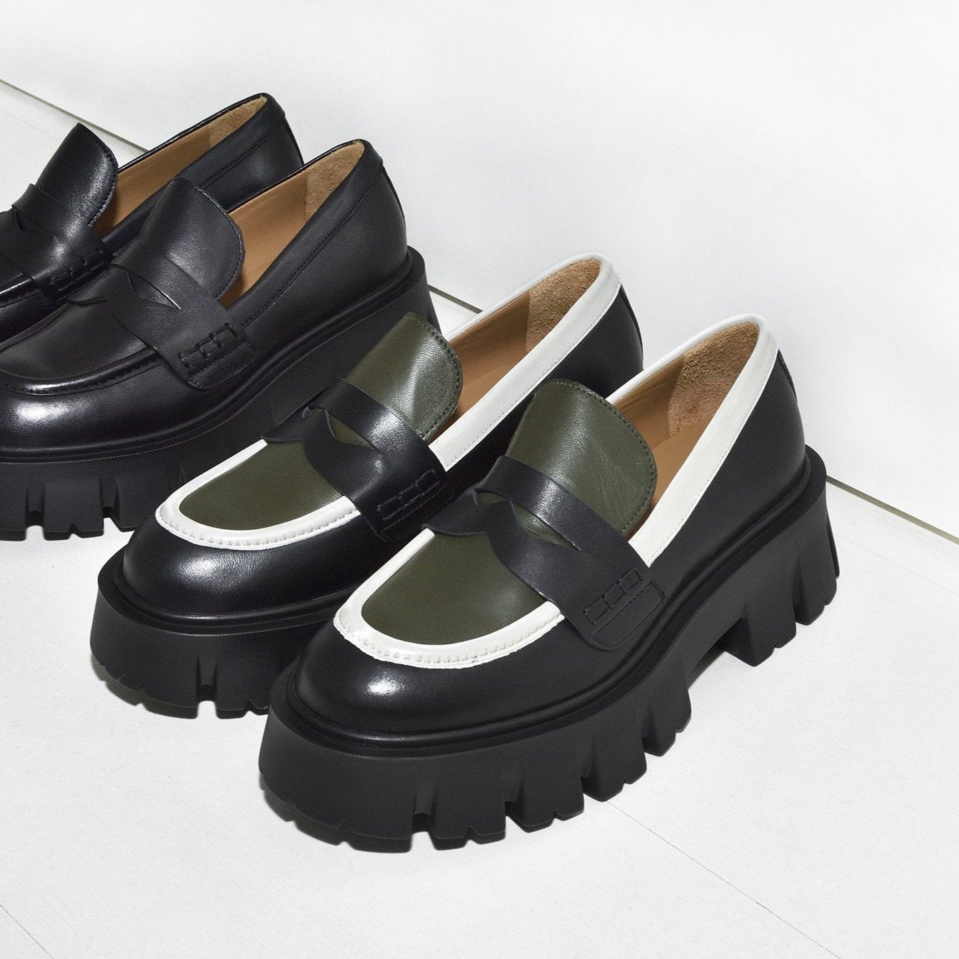 Mikki Black Khaki Leather Chunky Loafers D1304Khaki - 8