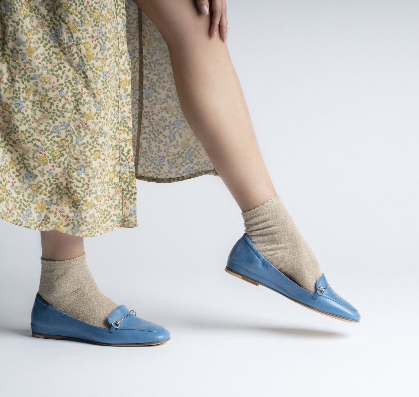 Lena Light Blue Leather Loafers Flats - 5