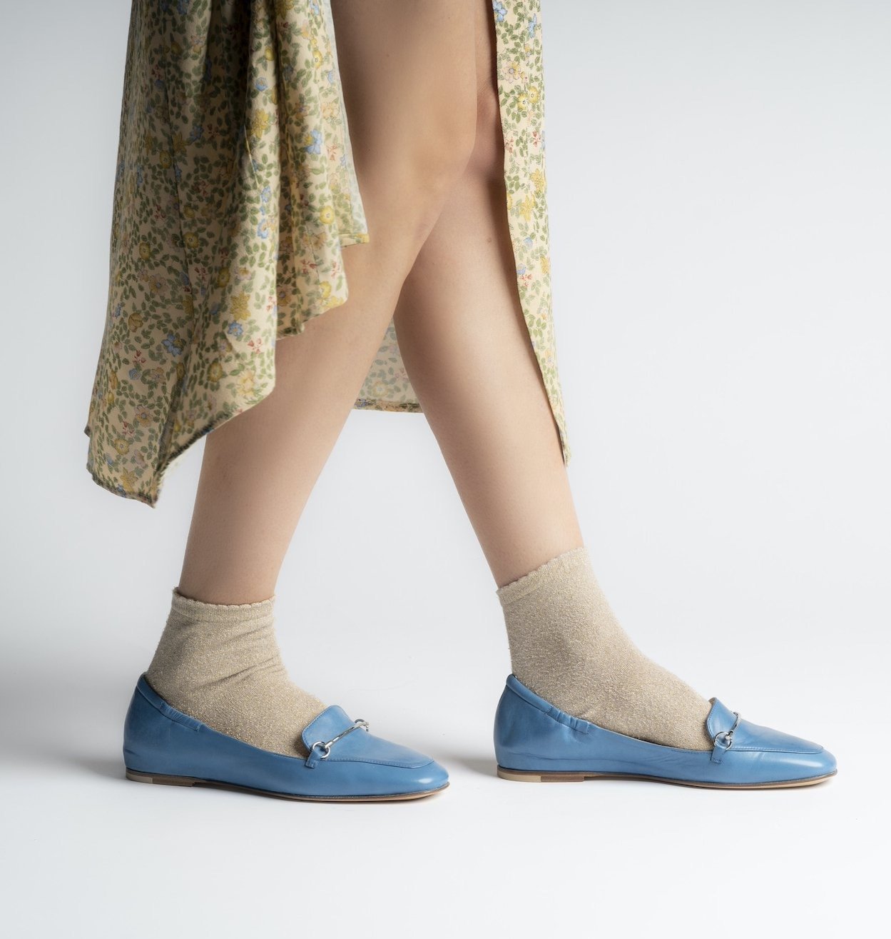 Lena Light Blue Leather Loafers Flats - 2