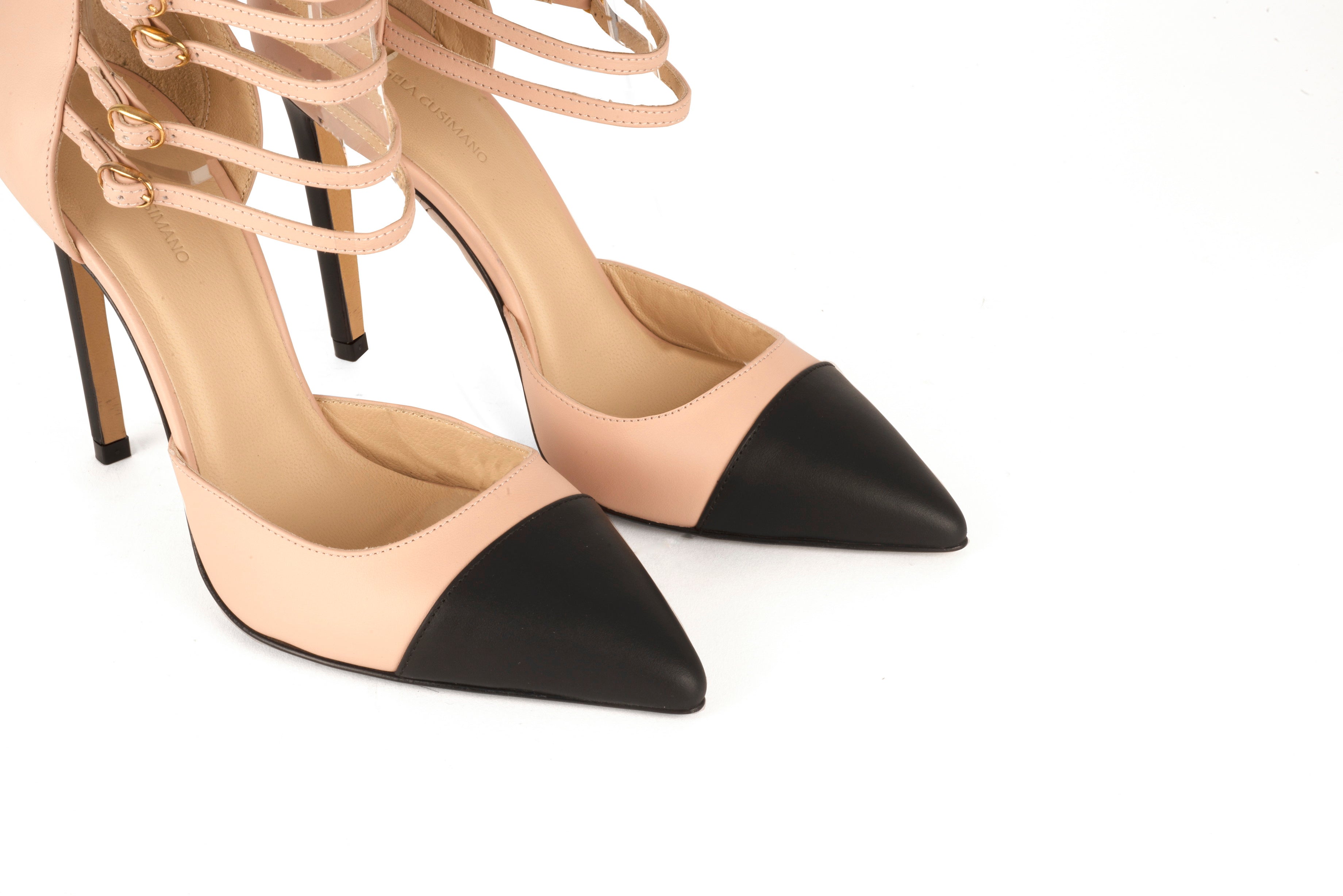 Phoebe Powder Pink Black Nappa Leather Sandals