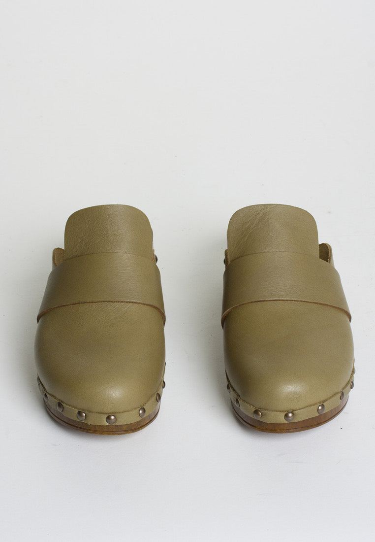 Ester Olive Studded Leather Clogs Sandals
