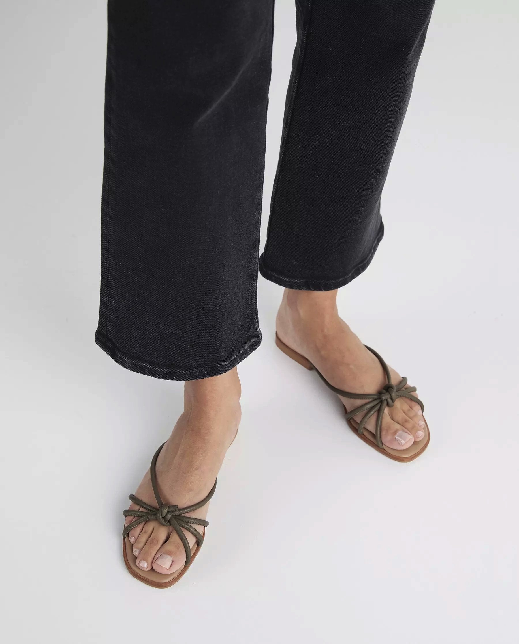 Yvette Leather Khaki Flat Sandals - 2