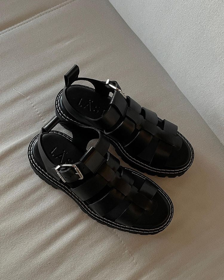 Daphny Black Leather Chunky Sandals LAST1518 - 2