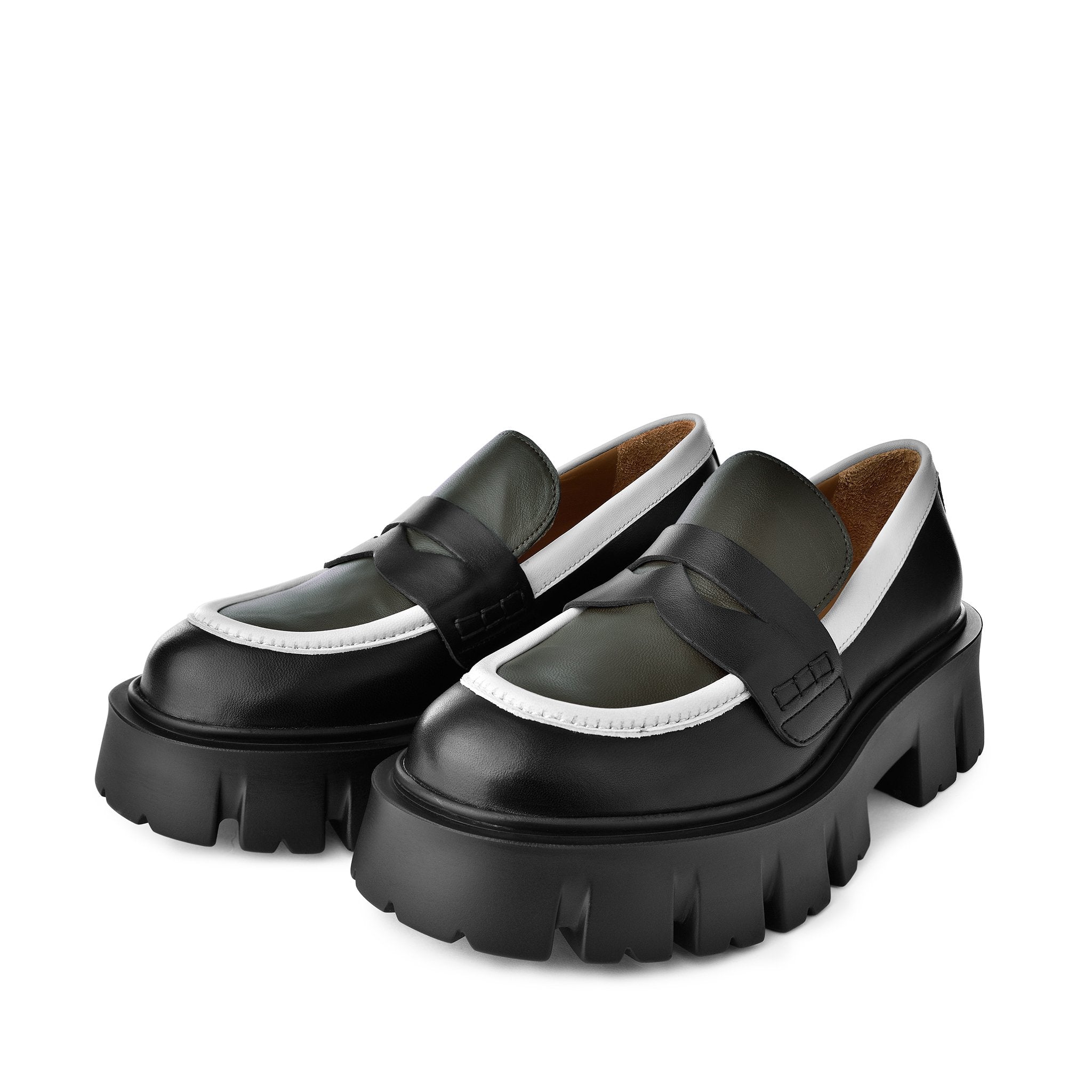 Mikki Black Khaki Leather Chunky Loafers D1304Khaki - 12