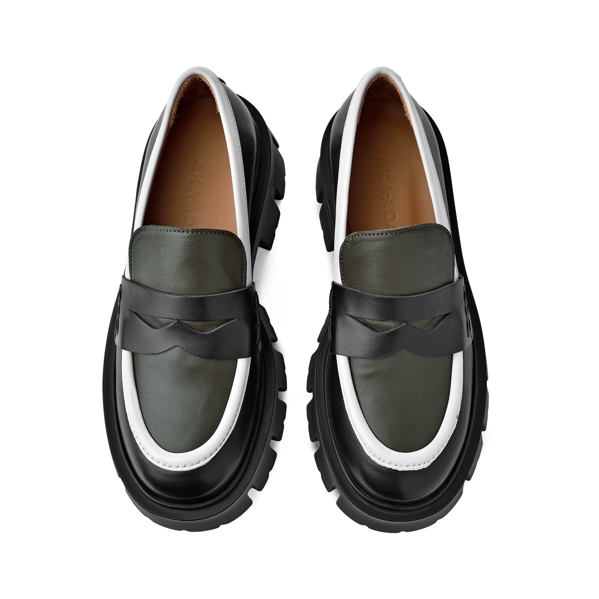 Mikki Black Khaki Leather Chunky Loafers D1304Khaki - 9