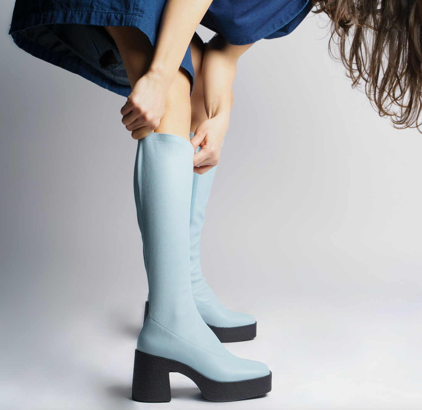 Izumi Pastel Blue Stretch Leather Chunky Boots 20077-01-10 - 6