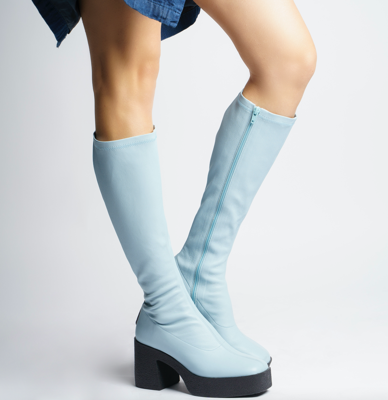 Izumi Pastel Blue Stretch Leather Chunky Boots 20077-01-10 - 2