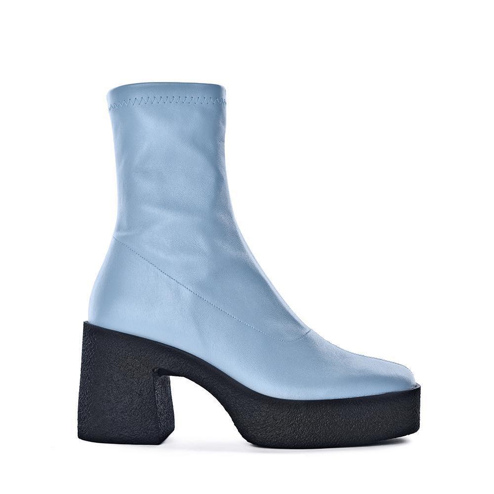 Umi Pastel Blue Stretch Leather Chunky Ankle Boots - 1