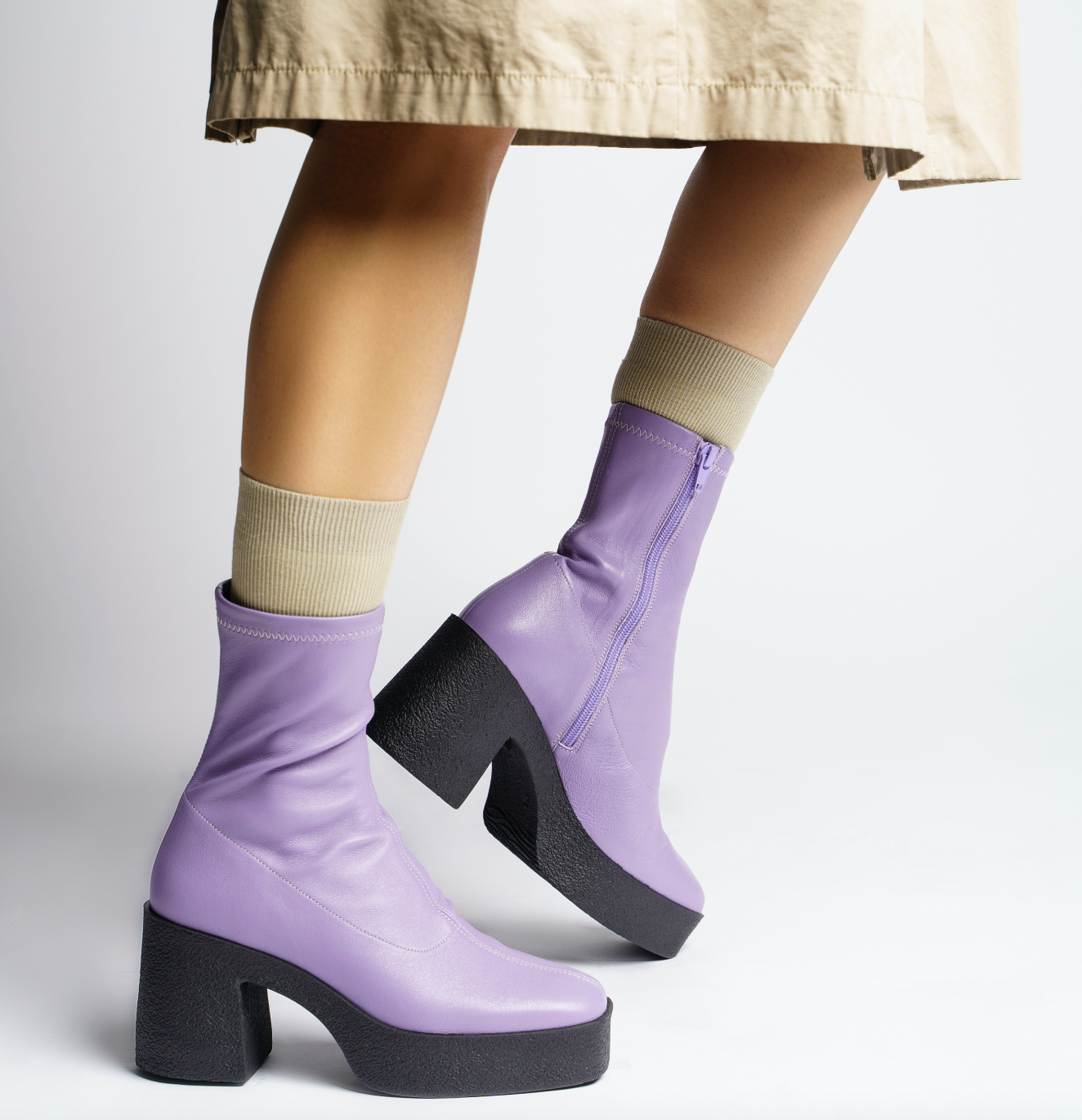 Umi Pastel Lilac Stretch Leather Chunky Ankle Boots 20077-02-11 - 2