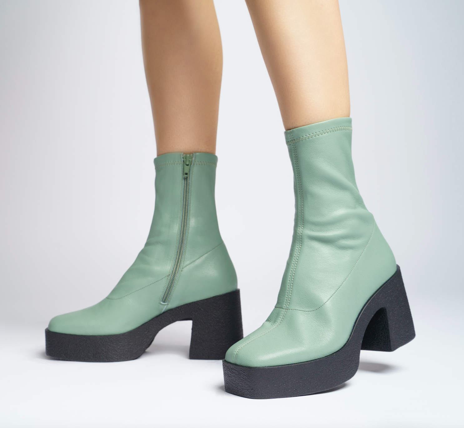 Umi Sage Green Stretch Leather Chunky Ankle Boots 20077-02-10 - 8
