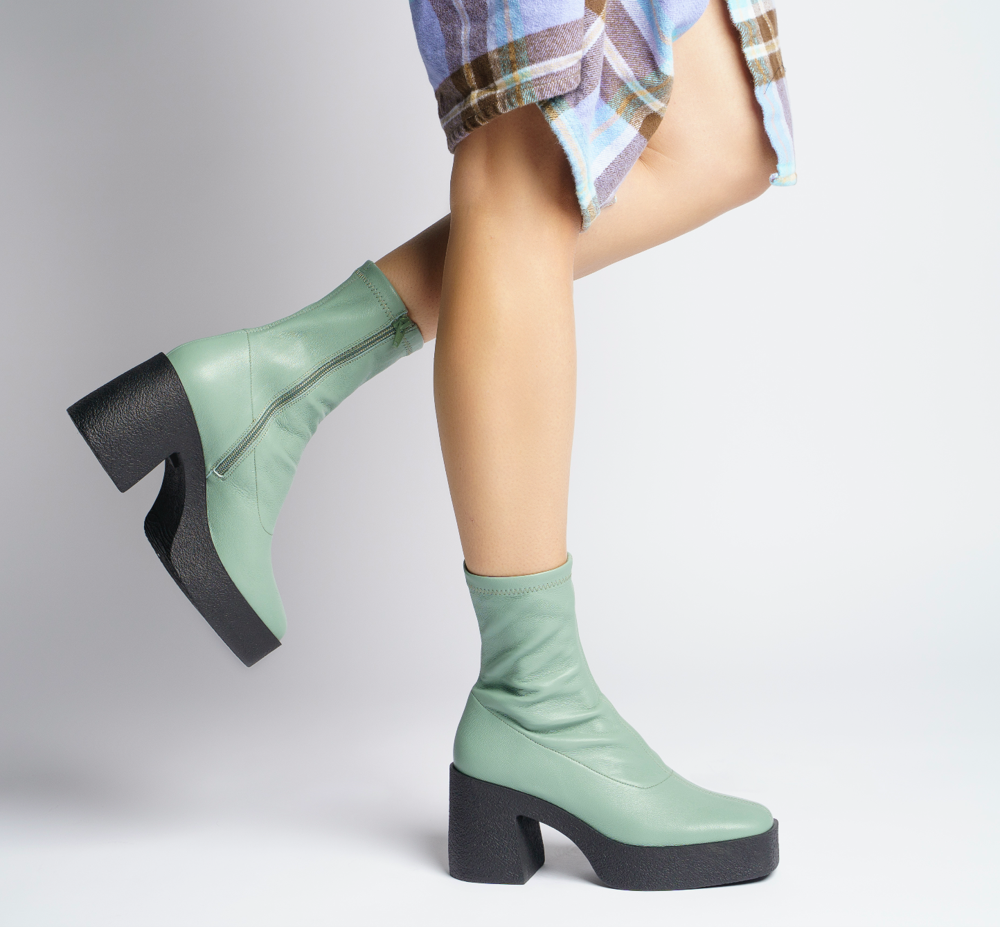 Umi Sage Green Stretch Leather Chunky Ankle Boots 20077-02-10 - 2