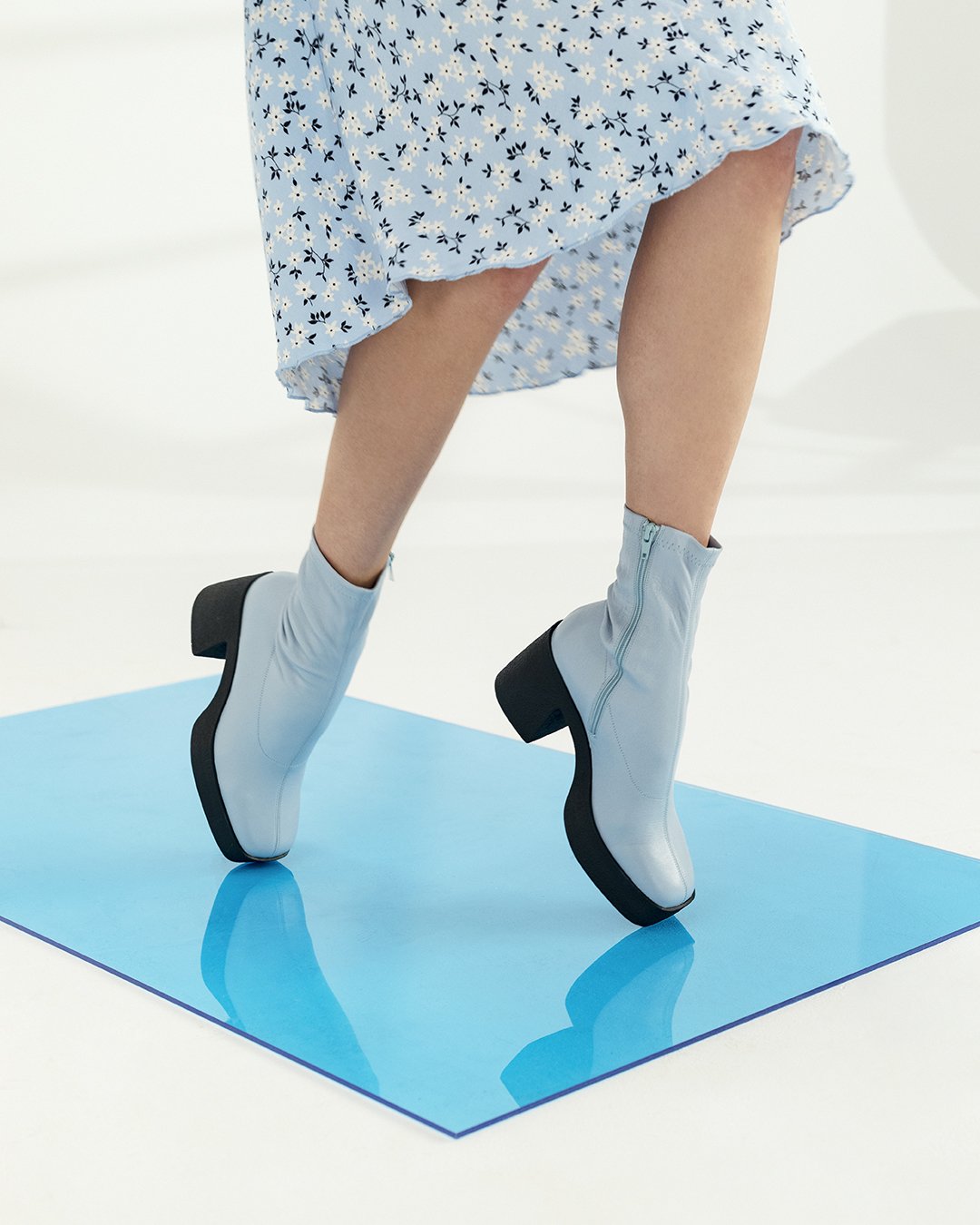 Umi Pastel Blue Stretch Leather Chunky Ankle Boots - 2